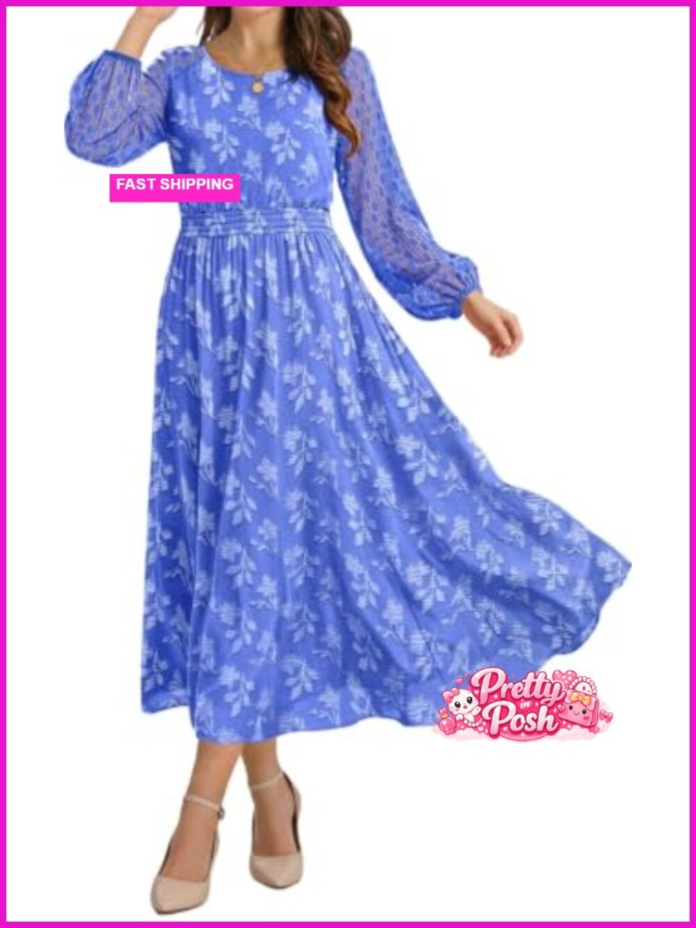Women's Floral Burnout Jacquard Maxi Dress Lace Sleeve Smocked Waist